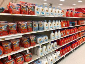 laundry detergent on grocery shelf
